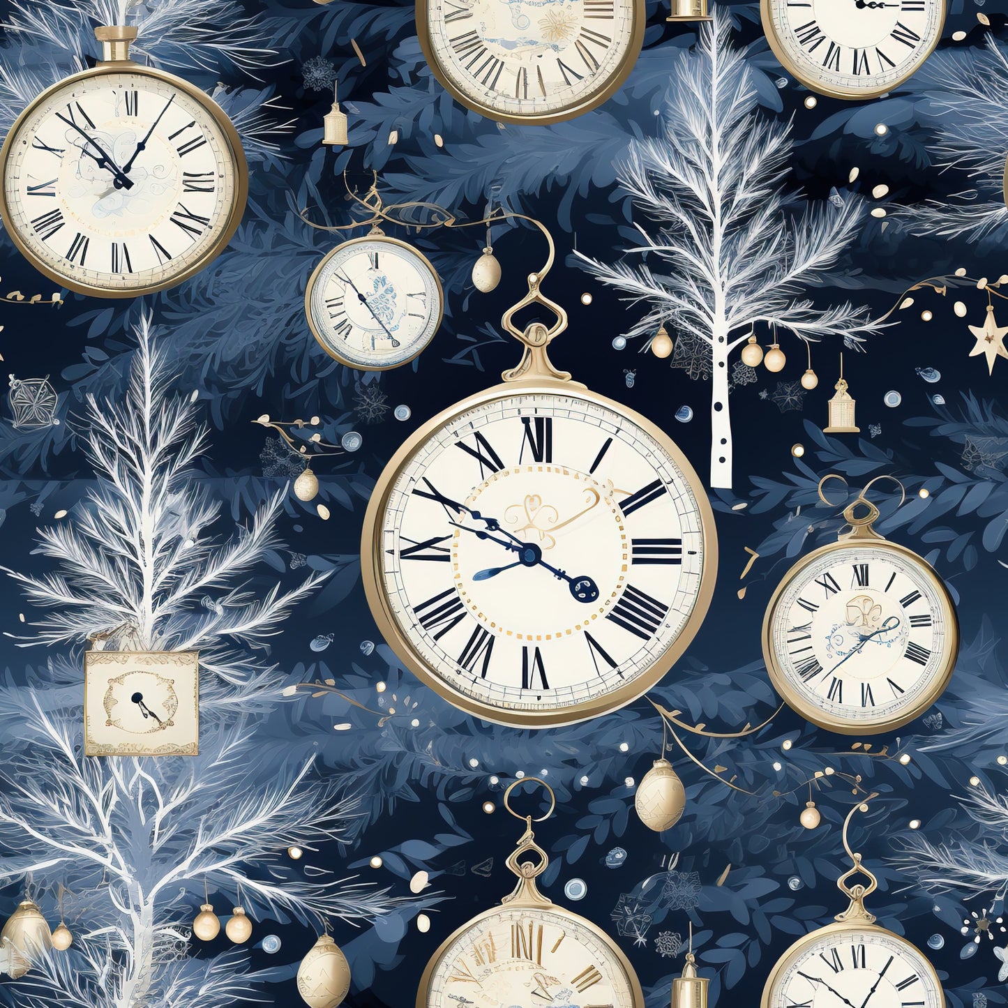 navy blue, midnight blue, gold accents, cream white, silver details, vintage clocks, pocket watches, roman numerals, winter branches, frosted pine, ornate timepieces, elegant pattern, quilting cotton, fabric panel, winter theme, timeless motif, decorative baubles, antique style, seasonal design, luxurious feel