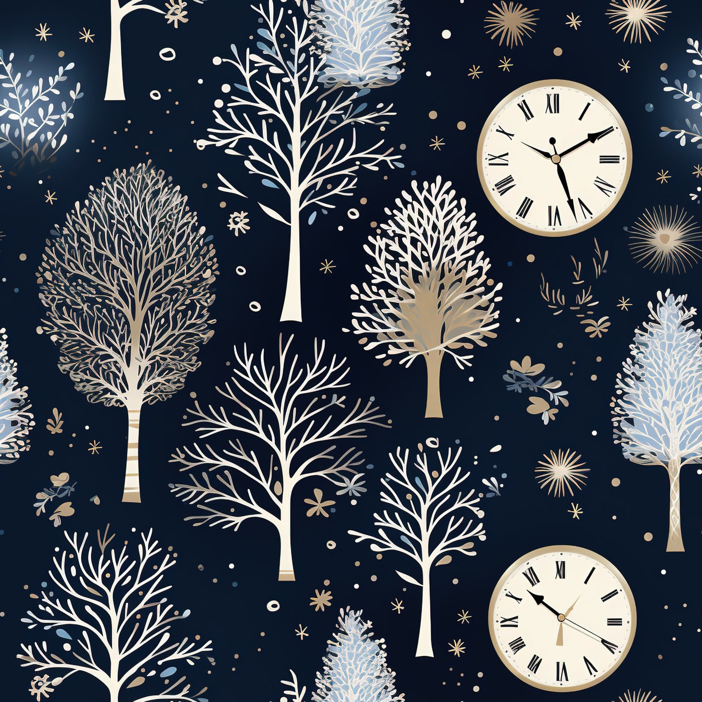 navy blue, winter trees, clock faces, roman numerals, snowflakes, starbursts, botanical silhouettes, cream white, gold accents, quilting cotton, fabric panel, midnight blue, bare branches, celestial motifs, winter wonderland, elegant design, nature pattern, holiday theme, decorative elements, crafting fabric