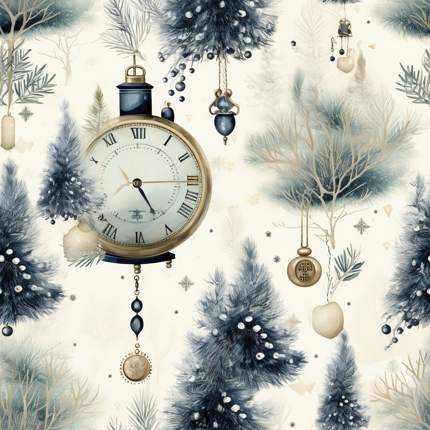 winter wonderland, vintage clock, pocket watch, roman numerals, evergreen branches, pine needles, christmas ornaments, navy blue, cream background, gold accents, hanging baubles, snowflakes, festive garland, quilting cotton, fabric panel, holiday theme, elegant pattern, watercolor style, winter branches, decorative spheres