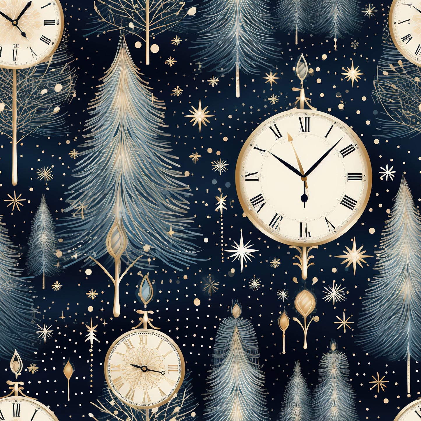 navy blue, gold accents, cream white, vintage clocks, roman numerals, evergreen trees, pine trees, winter stars, celestial motifs, ornate ornaments, midnight blue background, golden details, christmas trees, winter wonderland, quilting cotton, fabric panel, holiday theme, elegant pattern, starry night, timepiece design