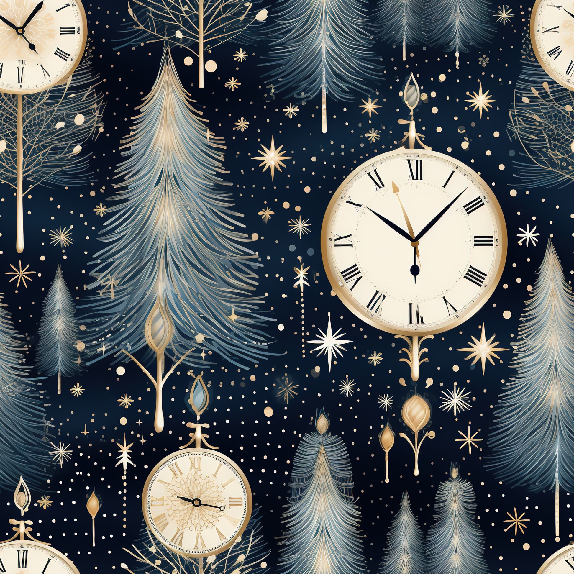 navy blue, gold accents, cream white, vintage clocks, roman numerals, evergreen trees, pine trees, winter stars, celestial motifs, ornate ornaments, midnight blue background, golden details, christmas trees, winter wonderland, quilting cotton, fabric panel, holiday theme, elegant pattern, starry night, timepiece design