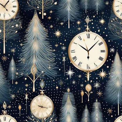 navy blue, gold accents, cream white, vintage clocks, roman numerals, evergreen trees, pine trees, winter stars, celestial motifs, ornate ornaments, midnight blue background, golden details, christmas trees, winter wonderland, quilting cotton, fabric panel, holiday theme, elegant pattern, starry night, timepiece design