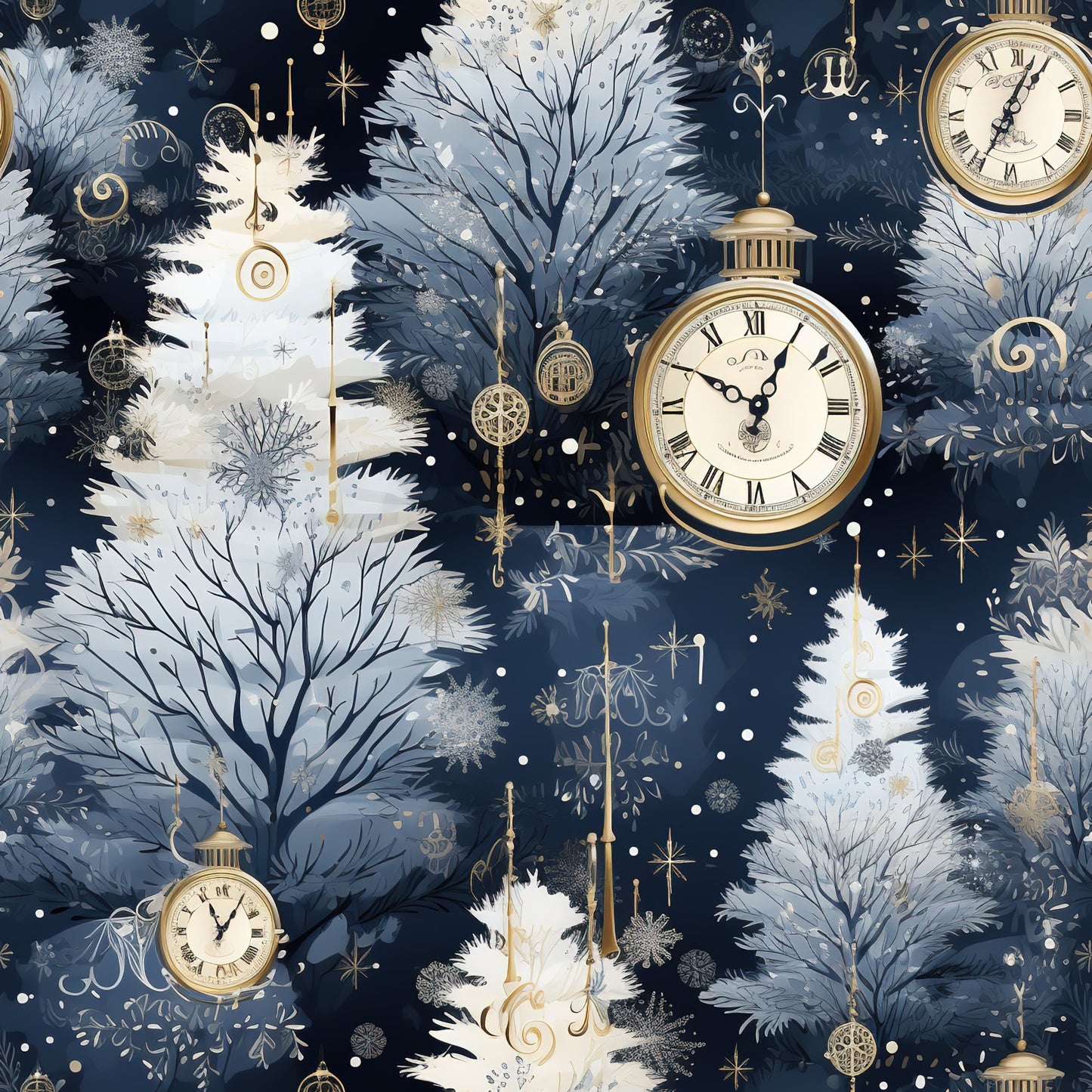 navy blue, gold accents, cream white, winter trees, pocket watches, snowflakes, frost branches, quilting cotton, fabric panel, vintage clocks, midnight blue, celestial stars, snowy landscape, ornate timepieces, winter wonderland, roman numerals, golden ornaments, icy branches, whimsical pattern, seasonal motifs