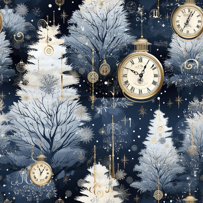 navy blue, gold accents, cream white, winter trees, pocket watches, snowflakes, frost branches, quilting cotton, fabric panel, vintage clocks, midnight blue, celestial stars, snowy landscape, ornate timepieces, winter wonderland, roman numerals, golden ornaments, icy branches, whimsical pattern, seasonal motifs