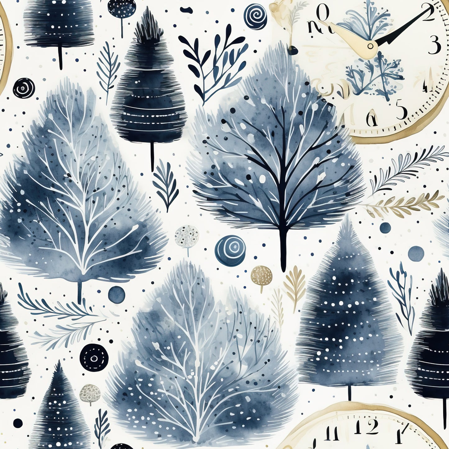 winter pattern, navy blue, dusty blue, cream, gold accents, watercolor trees, evergreen trees, clock faces, botanical elements, branches, dots, circles, geometric shapes, whimsical design, quilting cotton, fabric panel, winter wonderland, snowy trees, artistic illustration, modern folk art, seasonal motifs