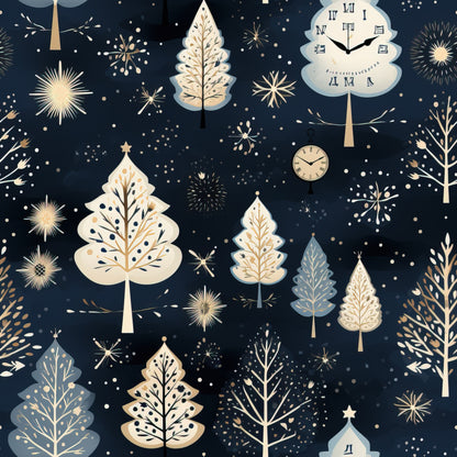 navy blue, cream, gold, winter trees, christmas trees, fireworks, snowflakes, clock faces, starbursts, scattered dots, whimsical illustration, festive pattern, holiday motifs, quilting cotton, fabric panel, winter wonderland, celestial elements, botanical designs, midnight blue background, seasonal fabric