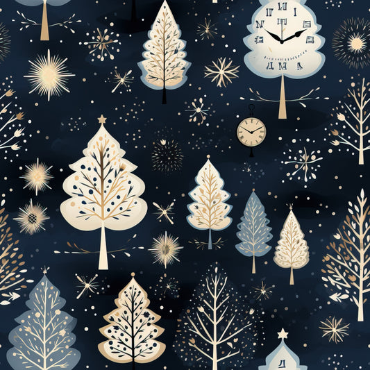 navy blue, cream, gold, winter trees, christmas trees, fireworks, snowflakes, clock faces, starbursts, scattered dots, whimsical illustration, festive pattern, holiday motifs, quilting cotton, fabric panel, winter wonderland, celestial elements, botanical designs, midnight blue background, seasonal fabric