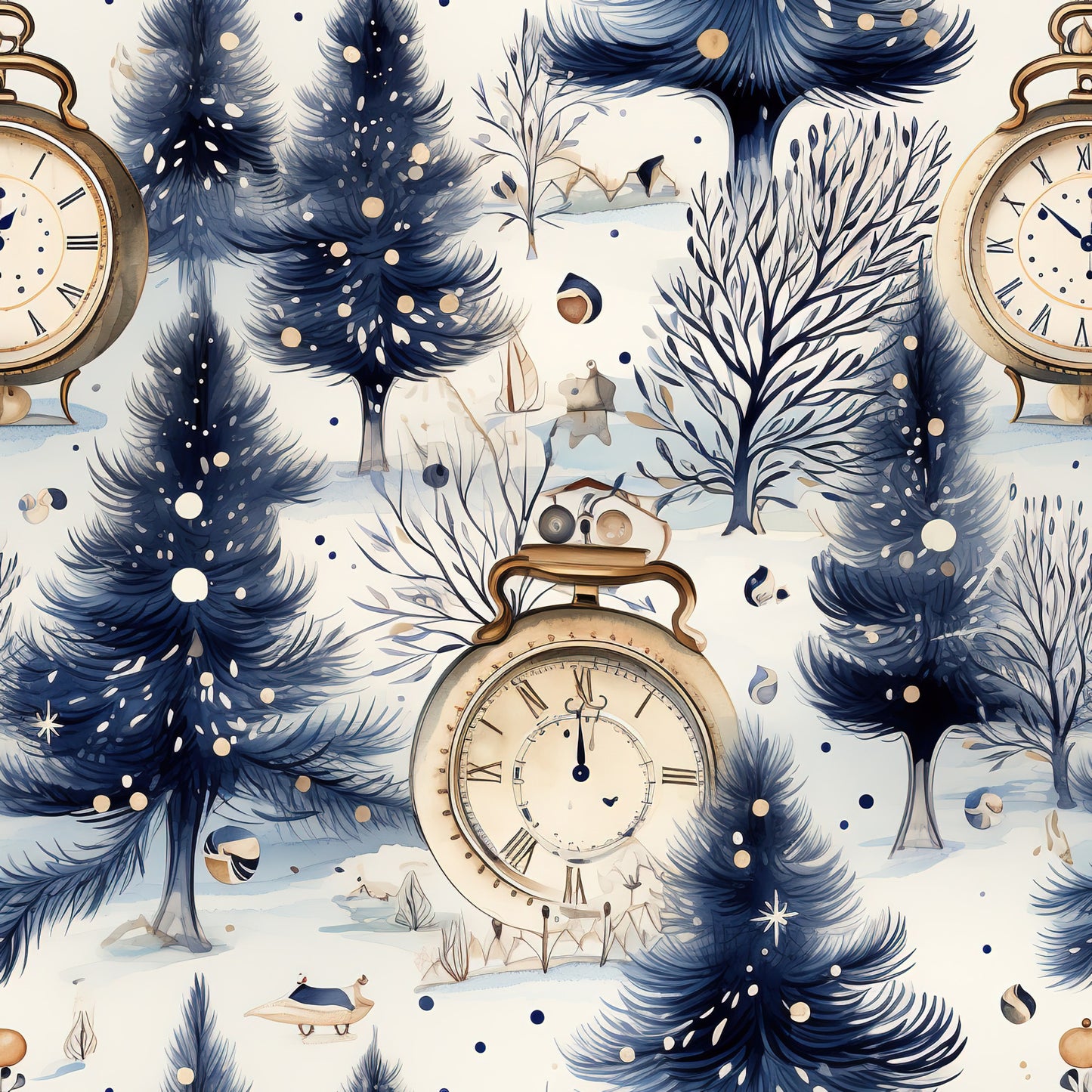navy blue, cream white, gold accents, winter trees, vintage clocks, pocket watches, roman numerals, snow pattern, evergreen trees, bare branches, winter landscape, quilting cotton, fabric panel, seamless repeat, watercolor style, midnight blue, antique timepieces, frozen branches, winter wonderland, nostalgic mood