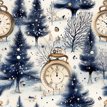 navy blue, cream white, gold accents, winter trees, vintage clocks, pocket watches, roman numerals, snow pattern, evergreen trees, bare branches, winter landscape, quilting cotton, fabric panel, seamless repeat, watercolor style, midnight blue, antique timepieces, frozen branches, winter wonderland, nostalgic mood