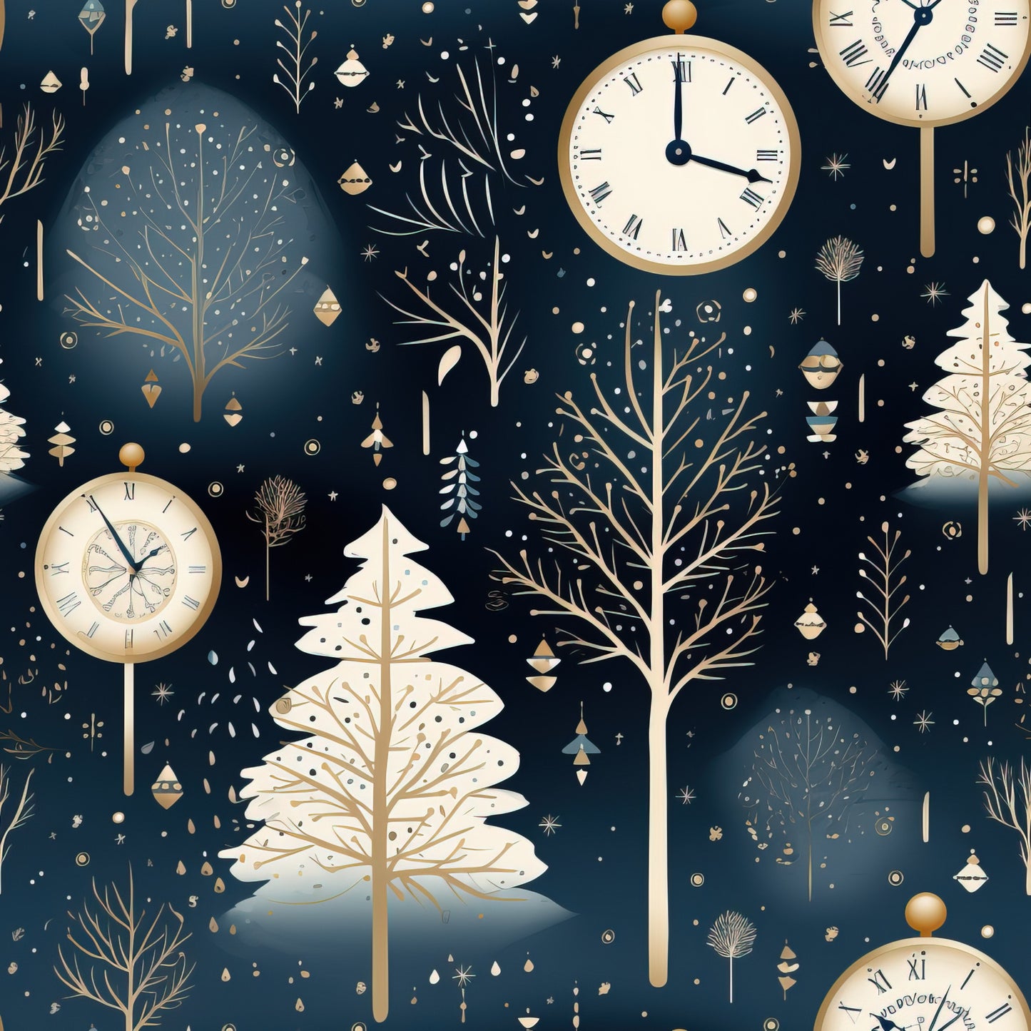 navy blue, cream, gold, bronze, winter trees, clock faces, ornaments, snowflakes, geometric shapes, branches, bare trees, evergreen trees, midnight blue, celestial elements, vintage clocks, roman numerals, quilting cotton, fabric panel, winter theme, botanical motifs, decorative baubles, starbursts, elegant design, sophisticated pattern
