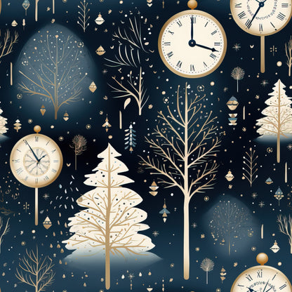 navy blue, cream, gold, bronze, winter trees, clock faces, ornaments, snowflakes, geometric shapes, branches, bare trees, evergreen trees, midnight blue, celestial elements, vintage clocks, roman numerals, quilting cotton, fabric panel, winter theme, botanical motifs, decorative baubles, starbursts, elegant design, sophisticated pattern