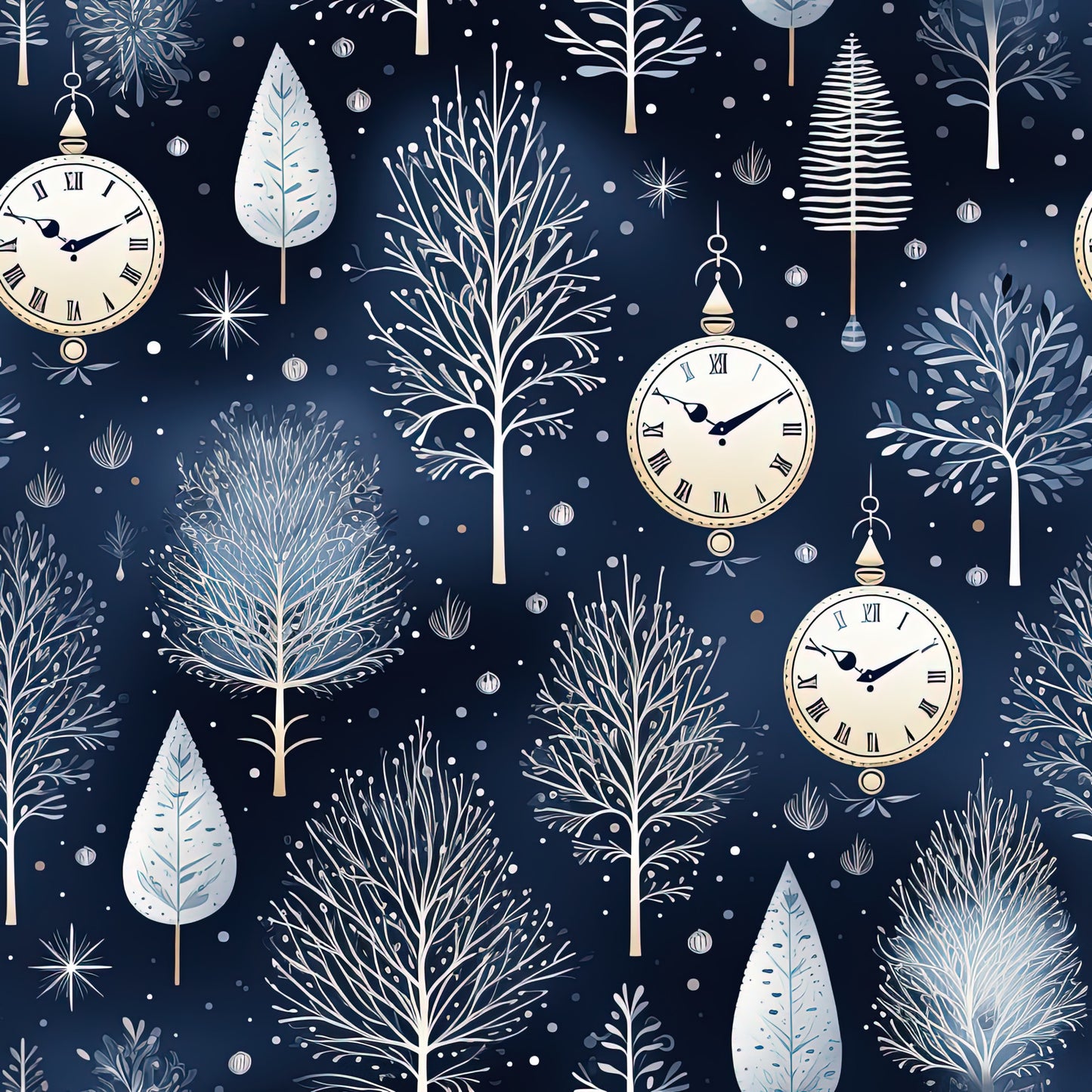 navy blue, winter pattern, pocket watches, bare trees, snowflakes, white clocks, roman numerals, winter foliage, cotton fabric, quilting panel, midnight blue, cream white, botanical elements, winter wonderland, timepiece motif, falling snow, delicate branches, seasonal design, winter trees, vintage clocks