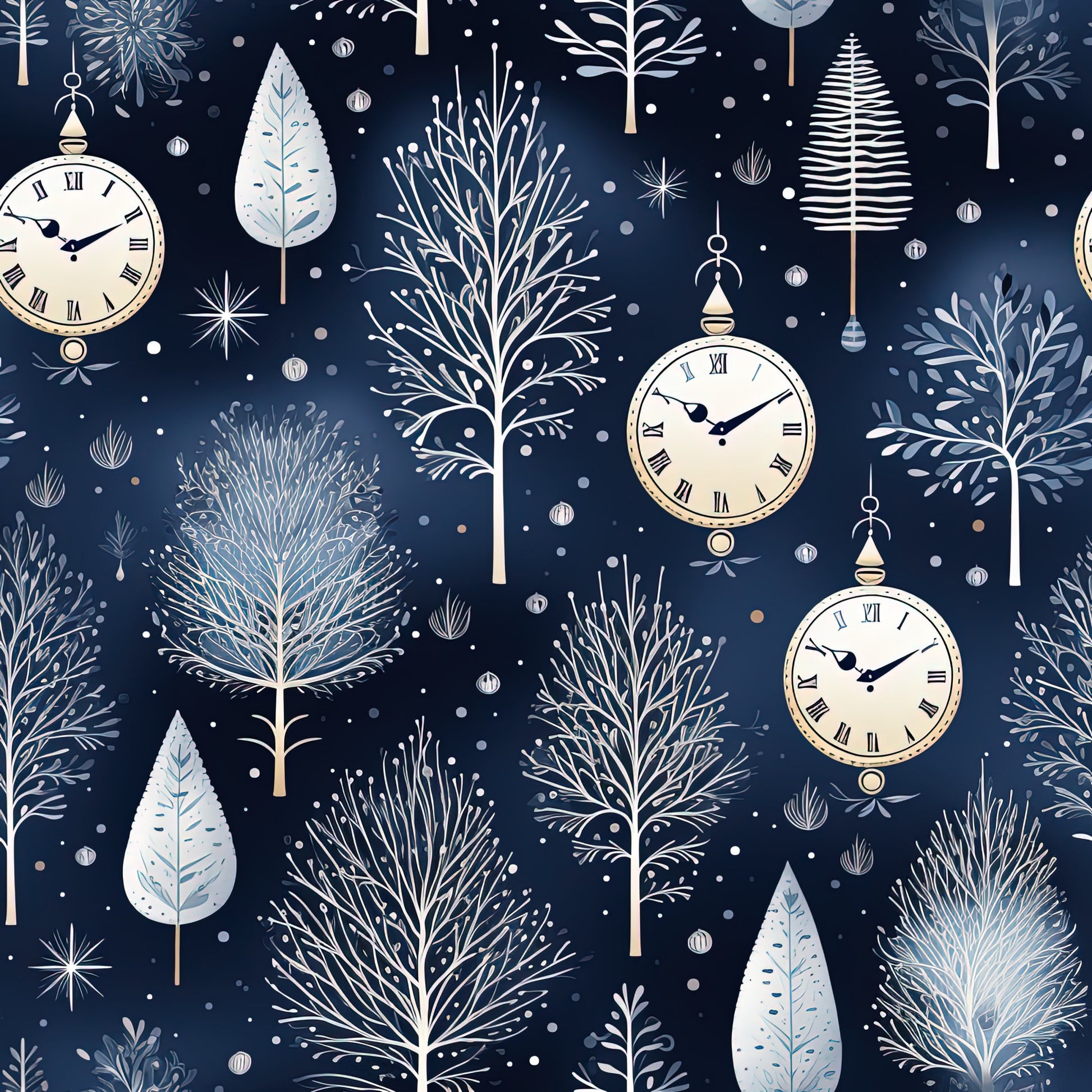 navy blue, winter pattern, pocket watches, bare trees, snowflakes, white clocks, roman numerals, winter foliage, cotton fabric, quilting panel, midnight blue, cream white, botanical elements, winter wonderland, timepiece motif, falling snow, delicate branches, seasonal design, winter trees, vintage clocks