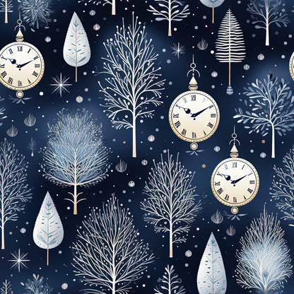 navy blue, winter pattern, pocket watches, bare trees, snowflakes, white clocks, roman numerals, winter foliage, cotton fabric, quilting panel, midnight blue, cream white, botanical elements, winter wonderland, timepiece motif, falling snow, delicate branches, seasonal design, winter trees, vintage clocks