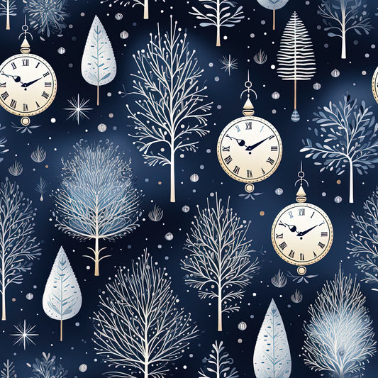 navy blue, winter pattern, pocket watches, bare trees, snowflakes, white clocks, roman numerals, winter foliage, cotton fabric, quilting panel, midnight blue, cream white, botanical elements, winter wonderland, timepiece motif, falling snow, delicate branches, seasonal design, winter trees, vintage clocks