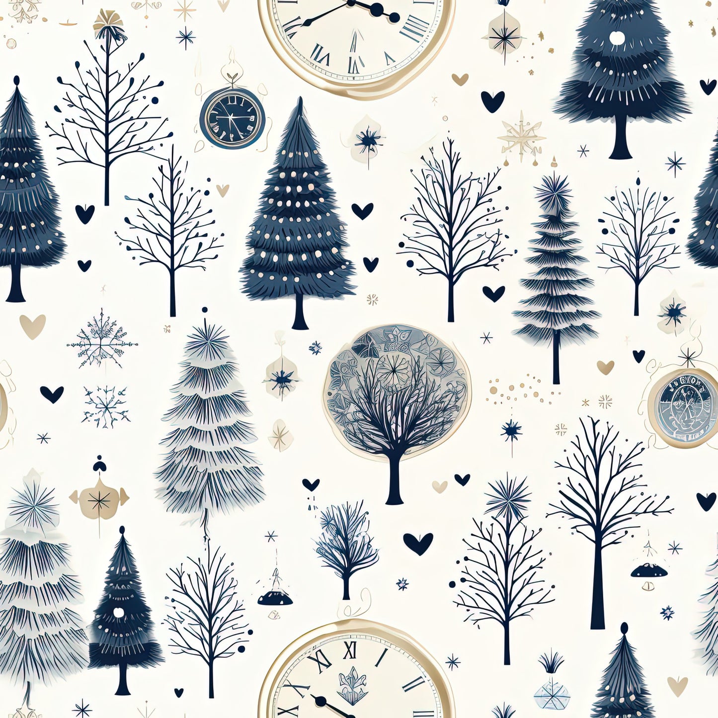winter pattern, quilting cotton, fabric panel, navy blue, cream background, evergreen trees, pine trees, vintage clocks, snowflakes, heart motifs, winter forest, botanical design, midnight blue, gold accents, bare trees, decorative trees, winter wonderland, roman numerals, timepiece design, seasonal motifs