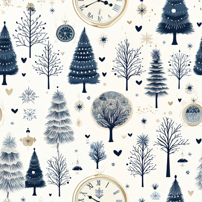 winter pattern, quilting cotton, fabric panel, navy blue, cream background, evergreen trees, pine trees, vintage clocks, snowflakes, heart motifs, winter forest, botanical design, midnight blue, gold accents, bare trees, decorative trees, winter wonderland, roman numerals, timepiece design, seasonal motifs
