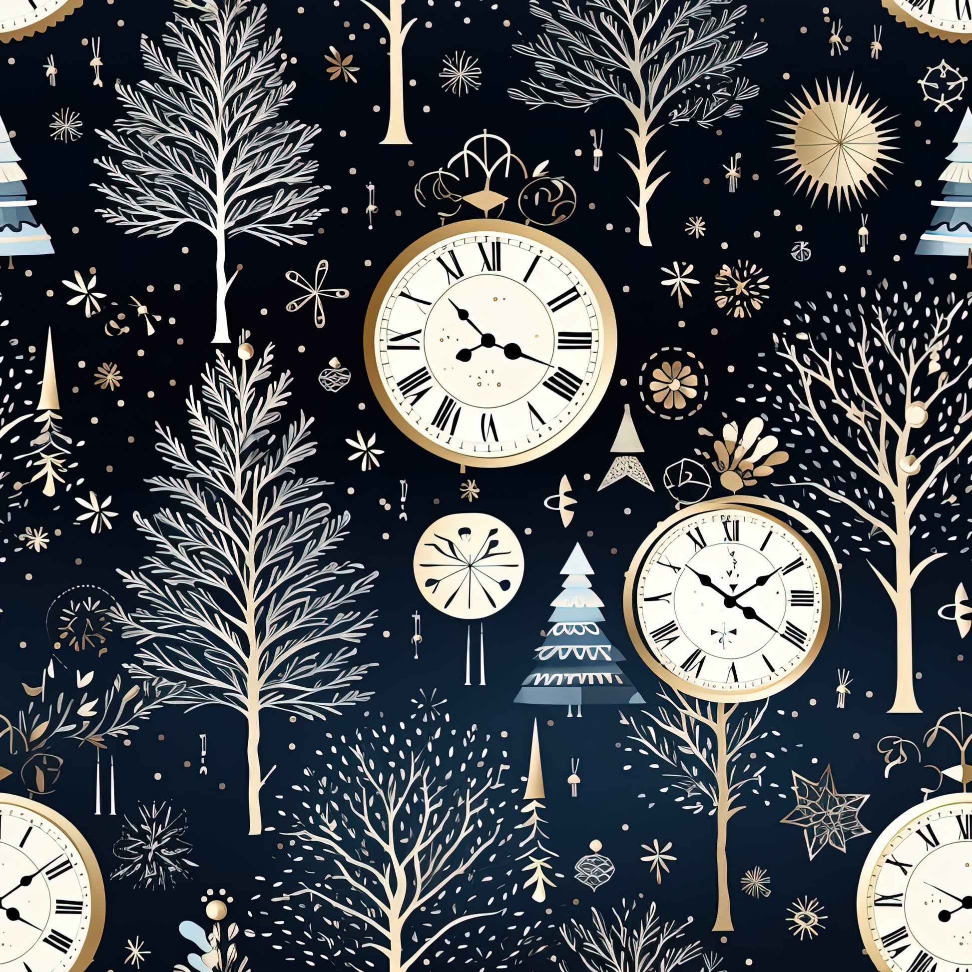 navy blue, cream, gold, winter pattern, pocket watches, bare trees, snowflakes, christmas trees, ornaments, vintage clocks, roman numerals, quilting cotton, fabric panel, winter theme, midnight blue, celestial motifs, botanical elements, holiday design, scattered dots, timeless pattern