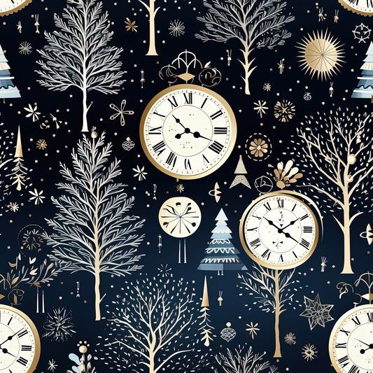 navy blue, cream, gold, winter pattern, pocket watches, bare trees, snowflakes, christmas trees, ornaments, vintage clocks, roman numerals, quilting cotton, fabric panel, winter theme, midnight blue, celestial motifs, botanical elements, holiday design, scattered dots, timeless pattern
