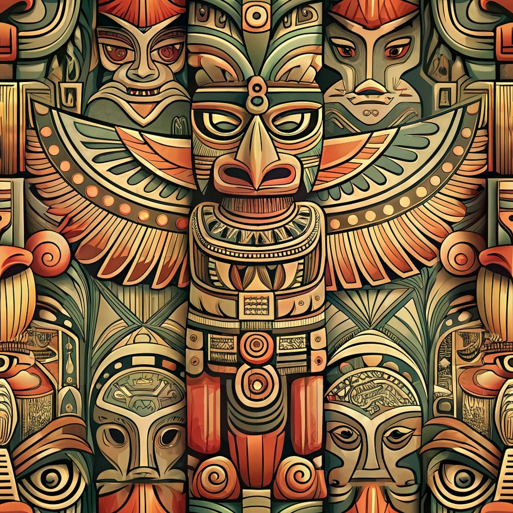 totem pole, tribal art, indigenous design, winged figures, earth tones, orange, green, beige, rust, geometric patterns, carved faces, native american, spiritual symbols, quilting cotton, fabric panel, southwestern style, ceremonial masks, ancient motifs, cultural artwork, symmetrical design