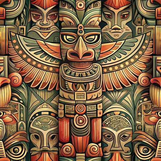 A detailed illustration of stylized totem poles and abstract faces with geometric patterns in earth tones, featuring a prominent central figure with wings and decorative motifs throughout the design.