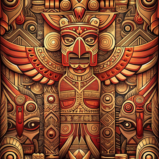 A stylized illustration of an intricate Aztec-inspired design featuring a central figure with outstretched wings, geometric patterns, and detailed decorative motifs in red, gold, and brown tones.