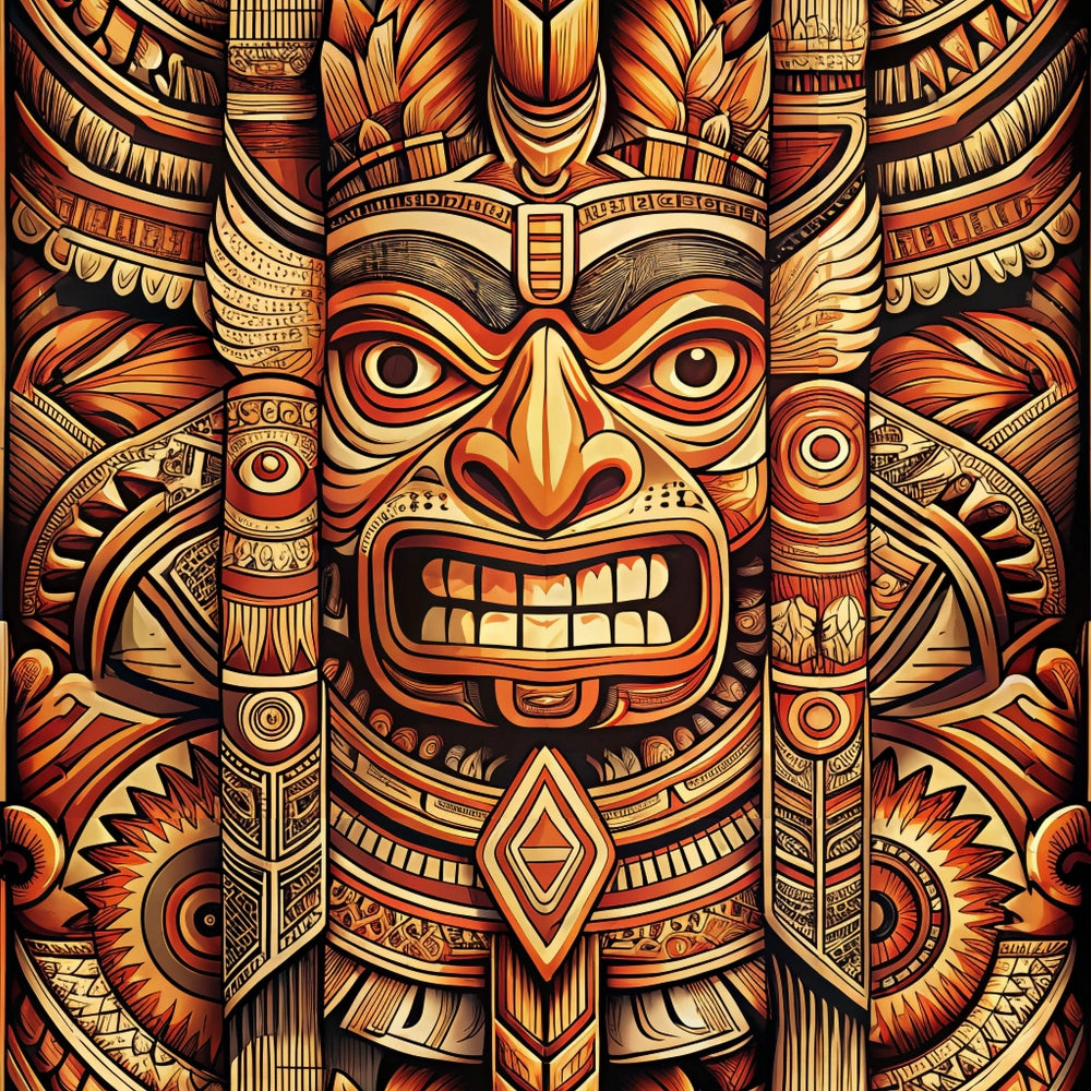 totem pole, tribal mask, geometric patterns, orange tones, brown shades, cream colors, red accents, intricate details, indigenous art, carved wood appearance, feathers, ceremonial design, native american inspired, quilting cotton, fabric panel, fierce expression, cultural motifs, earthy palette, decorative borders, spiritual symbols