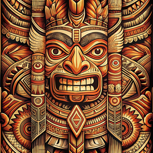 An intricately detailed mask with bold geometric patterns, large eyes, and bared teeth, surrounded by ornate decorations in shades of orange, gold, and brown. The design has a tribal and symmetrical appearance.
