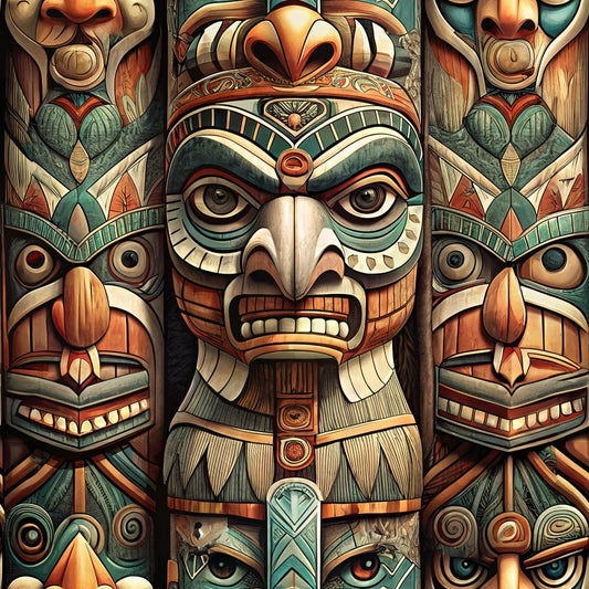 A detailed, colorful totem pole features carved faces with exaggerated expressions, prominent noses, and intricate geometric patterns in shades of brown, teal, blue, and white.