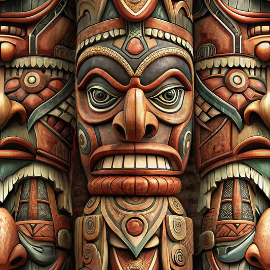 A detailed carved wooden totem pole featuring a stern human face with intricate geometric patterns, earthy colors, and symmetrical tribal designs.