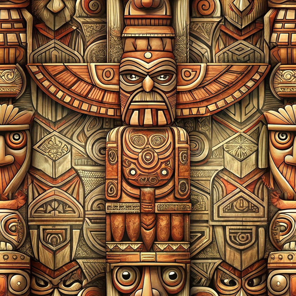 totem pole, tribal figures, native american, wooden carvings, brown tones, tan colors, orange hues, geometric patterns, indigenous art, carved faces, eagle wings, spiral motifs, quilting cotton, fabric panel, earthy palette, cultural designs, ceremonial totems, pacific northwest, intricate details, symmetrical layout