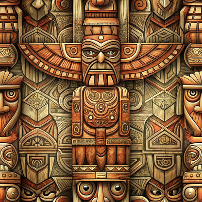 totem pole, tribal figures, native american, wooden carvings, brown tones, tan colors, orange hues, geometric patterns, indigenous art, carved faces, eagle wings, spiral motifs, quilting cotton, fabric panel, earthy palette, cultural designs, ceremonial totems, pacific northwest, intricate details, symmetrical layout