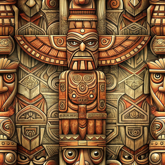 A detailed, symmetrical wooden carving featuring a central figure with outstretched wings, surrounded by geometric patterns and stylized faces, inspired by indigenous or tribal art styles.