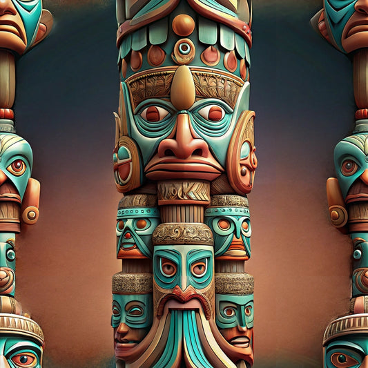 A colorful totem pole featuring intricately carved and painted faces in shades of turquoise, orange, and gold, with symmetrical patterns and a neutral background.