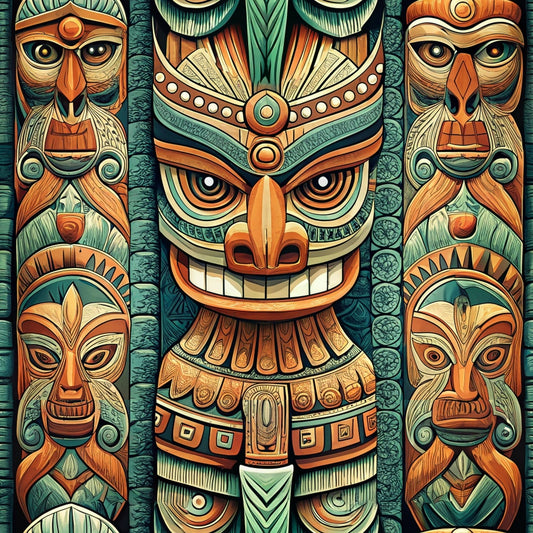Colorful carved wooden totem poles with intricate details and stylized faces, featuring exaggerated expressions and ornate geometric patterns in shades of teal, orange, and brown.