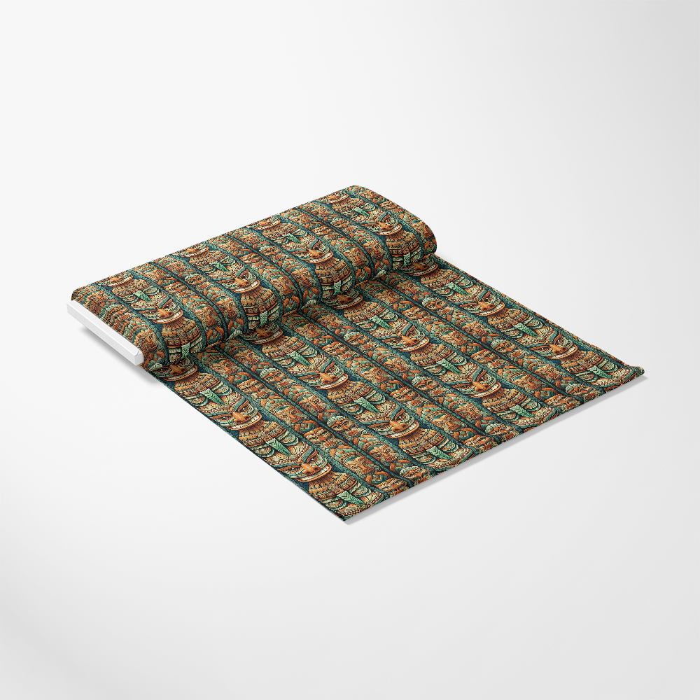 A roll of patterned fabric is partially unrolled on a white surface, displaying a repeating design with green, orange, and black colors.