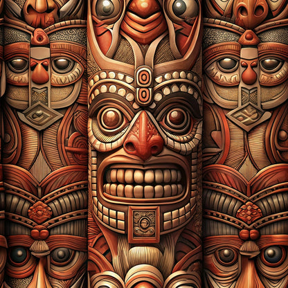 totem pole, tribal masks, indigenous art, carved faces, earthtone colors, russet brown, burnt orange, cream beige, geometric patterns, ceremonial masks, native american inspired, intricate detailing, spiritual symbols, quilting cotton, fabric panel, cultural motifs, wooden texture, sacred imagery, ethnic design, mystical faces