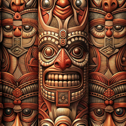 A detailed, symmetrical carving of stylized tribal faces in warm earth tones, featuring intricate geometric patterns and bold facial expressions, arranged closely together in vertical rows.