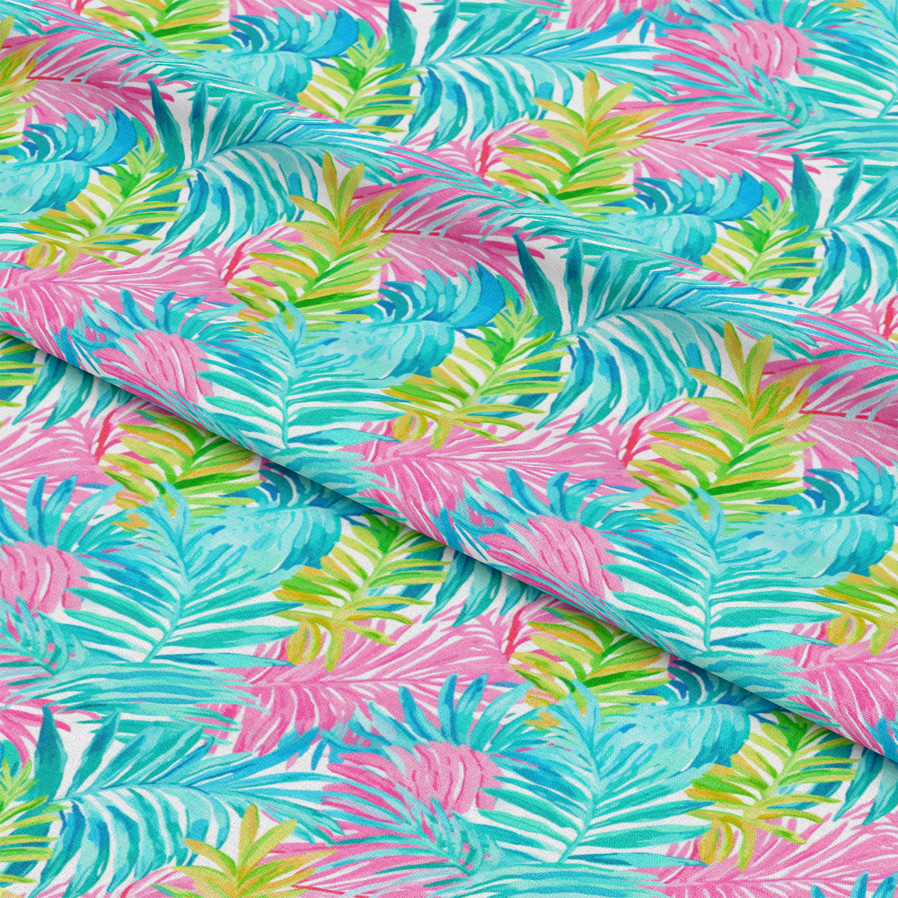 - Tropical Leaves Pattern 1 Quilting Cotton Fabric  
- vibrant tropical leaves  
- bright pink, blue, green foliage  
- cotton quilting material  
- lush botanical design  
- exotic palm leaf motif  
- colorful textile for quilting  
- nature-inspired fabric  
- tropical plant print