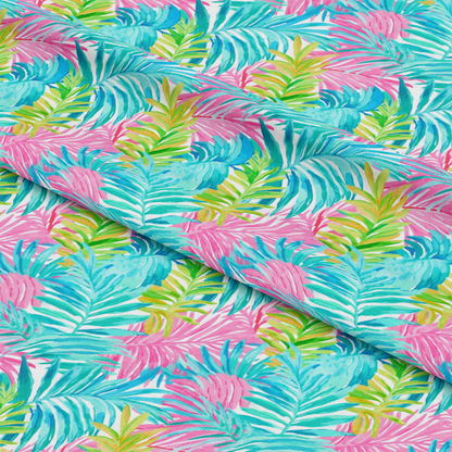 - Tropical Leaves Pattern 1 Quilting Cotton Fabric  
- vibrant tropical leaves  
- bright pink, blue, green foliage  
- cotton quilting material  
- lush botanical design  
- exotic palm leaf motif  
- colorful textile for quilting  
- nature-inspired fabric  
- tropical plant print