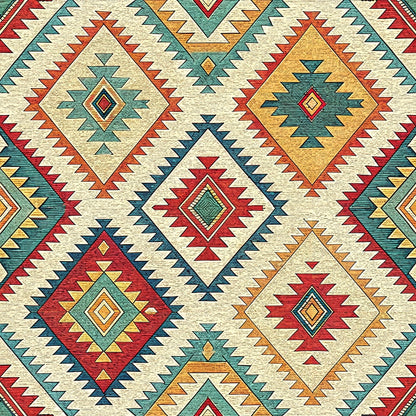 turkish kilim, geometric pattern, diamond motifs, aztec design, tribal pattern, rust red, teal blue, cream beige, golden yellow, orange accents, southwestern style, ethnic design, quilting cotton, fabric panel, repetitive motifs, angular shapes, woven texture appearance, bohemian style, folk art pattern, earthy tones