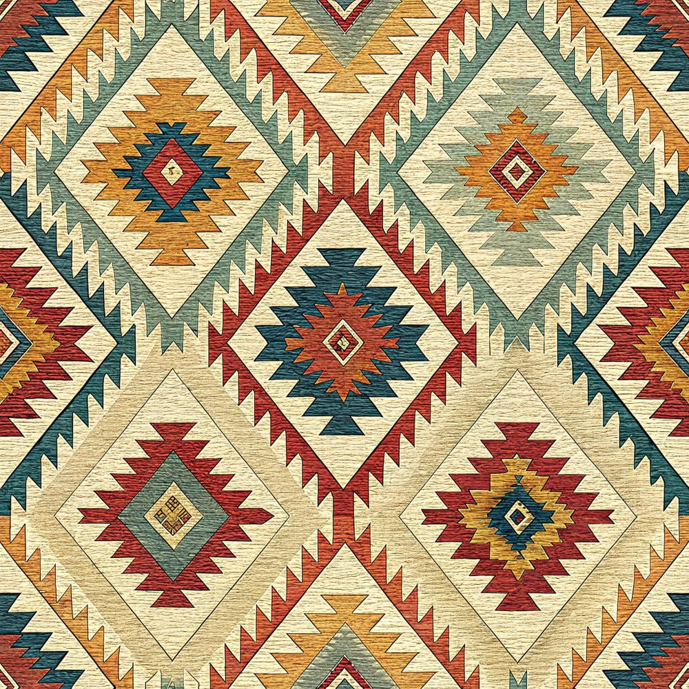 cream, rust red, teal blue, golden orange, sage green, geometric diamonds, zigzag borders, southwestern motifs, native american inspired, kilim pattern, tribal design, cotton fabric, quilting panel, earthy tones, stepped patterns, diamond medallions, angular designs, woven texture appearance, desert colors, ethnic motifs