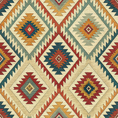 cream, rust red, teal blue, golden orange, sage green, geometric diamonds, zigzag borders, southwestern motifs, native american inspired, kilim pattern, tribal design, cotton fabric, quilting panel, earthy tones, stepped patterns, diamond medallions, angular designs, woven texture appearance, desert colors, ethnic motifs