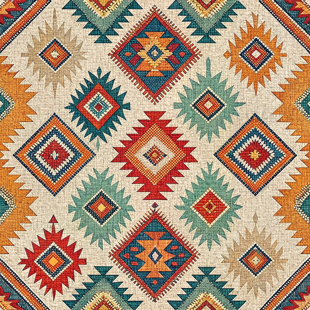 A geometric textile pattern featuring diamond shapes in red, orange, teal, green, and blue on a beige background. The design shows repeating, symmetrical motifs with jagged edges and intricate details.
