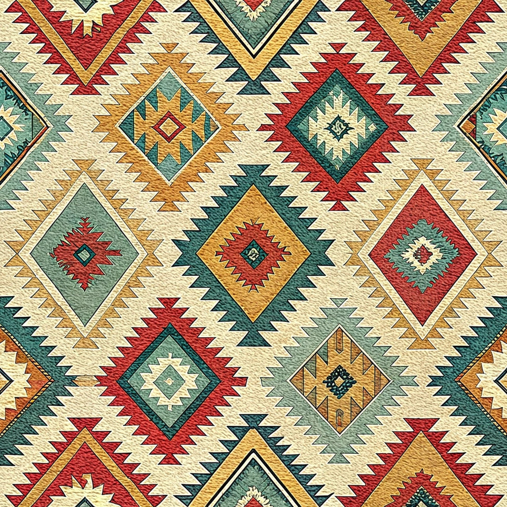 turkish kilim, geometric pattern, diamond motifs, southwestern style, tribal design, rust red, sage green, golden yellow, cream, teal blue, zigzag borders, ethnic pattern, quilting cotton, fabric panel, native american inspired, chevron details, earthy tones, folk art, repetitive motifs, angular shapes