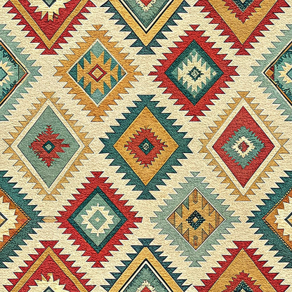 turkish kilim, geometric pattern, diamond motifs, southwestern style, tribal design, rust red, sage green, golden yellow, cream, teal blue, zigzag borders, ethnic pattern, quilting cotton, fabric panel, native american inspired, chevron details, earthy tones, folk art, repetitive motifs, angular shapes