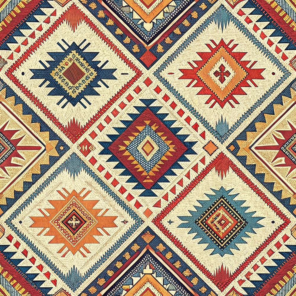 Geometric textile pattern with diamond shapes and intricate borders in red, blue, yellow, and beige tones. The design features stylized, symmetrical motifs arranged in repeating rows.