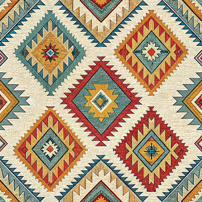 A geometric pattern featuring large diamond shapes in red, yellow, blue, and beige tones, with intricate zigzag and linear details, creating a symmetrical, Southwestern-style textile design.