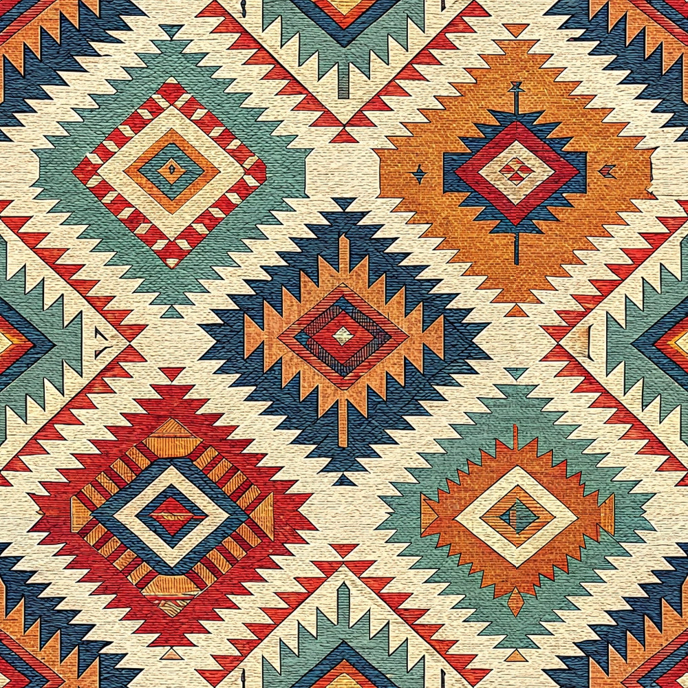 A geometric textile pattern featuring diamond shapes in red, blue, green, orange, and yellow on a beige background. The design has a Southwestern or tribal style with repeating, symmetrical motifs.