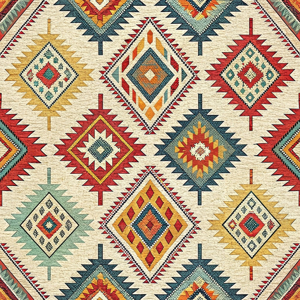 A woven textile with a repeating geometric pattern of diamonds and zigzags in red, gold, blue, and teal on a beige background, resembling a traditional Southwestern or Native American style rug.